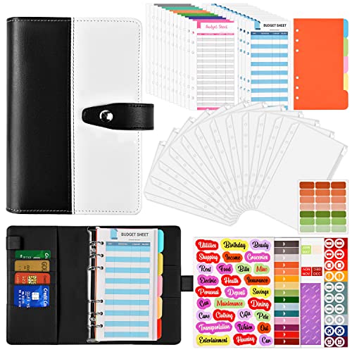 JUYANO 47 Pcs Carpeta de Cuaderno 6 Anillas, A6 PU Carpeta de Presupuesto con 12 Bolsitas Cremallera Transparente, 24 Hoja de Presupuesto y Pegatinas Carpeta Anillas A6 para Guardar Tarjetas Facturas Cover