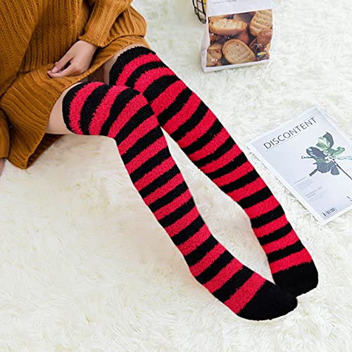 Bellady Coral Knee High Socks for Women Striped Fuzzy Socks Warm Leg Warmers4