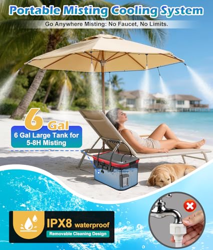 Image of Portable Misting Systems for Patio, Outdoor Water Cooling Misting Kit with 6000mAh Water Pump IPX8, DIY Misters for Outside Garden, Greenhouse, Fan, Umbrella, Canopy, Pasture, Camping(22L Bucket)