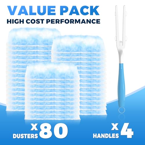 Image of Duster Refills Compatible with Swiffer Duster Refill Heavy Duty, 80 Refills & 4 Handles Kit for Swiffer Duster Kit, Dusters for Cleaning Car Electronics Furniture Blinds, Ceiling Fan Cleaner