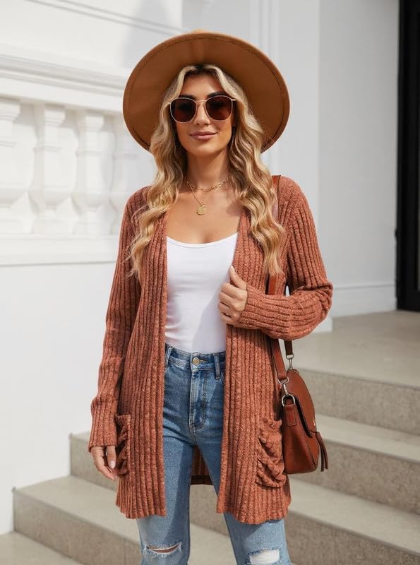 Womens Lightweigh Long Cardigan Sweaters Long Sleeve Open Front Knit Cardigans with Pockets Trendy Spring Tops - Image 2