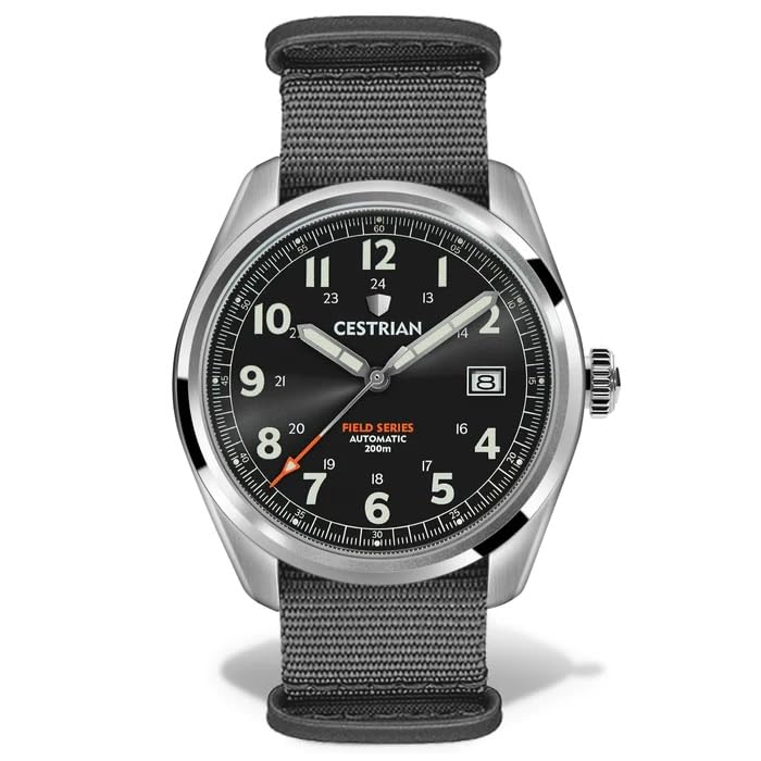 CestrianField Series Automatic Mens Grey Sunburst Dial NATO Strap Military Style Watch 200m CF921N0660