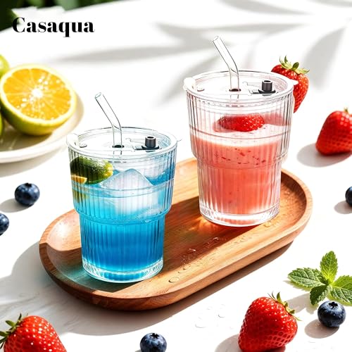 Image of Ribbed Glass Cups with Lids and Straw - 450ml, Set of 1, Iced Coffee Cups, Thickened Glassware Set, Ripple Design Glass Cups for Coffee, Soda, Smoothies, Cocktails and Juice