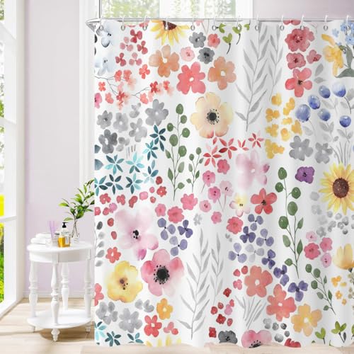 GCIREC Pink Floral Shower Curtain Spring Cute Colorful Watercolor Wildflowers Botanical Plants Bathroom Curtain Home Bathtub Decor Waterproof Fabric Machine Washable with 12 Hooks 72 Wx72 L