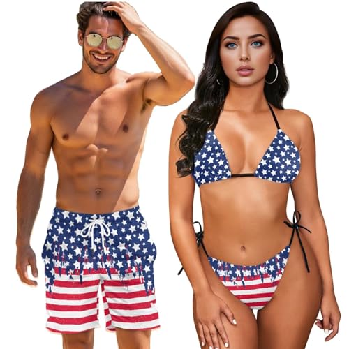Chuzarugn American Flag Design 2026 Couples Matching Outfits Trendy Adjustable Bikini Sets for Women or Mens Swim Trunks Swimming Fashion Summer Bathing Suits with Pockets
