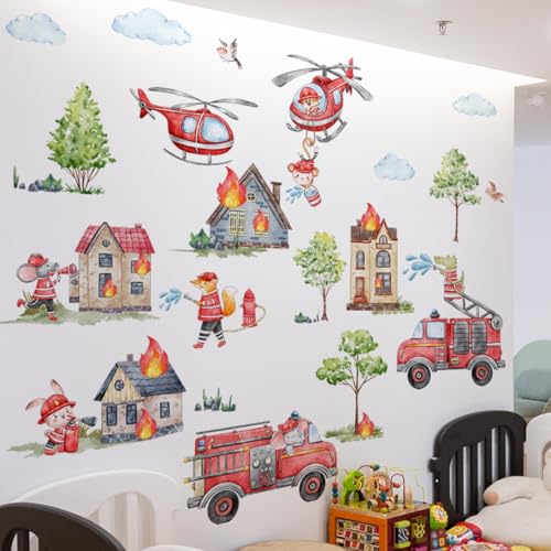 WandSticker4U®- Grand stickers muraux enfant CAMION DE POMPIERS (103x98 cm) I Autocollant mural...