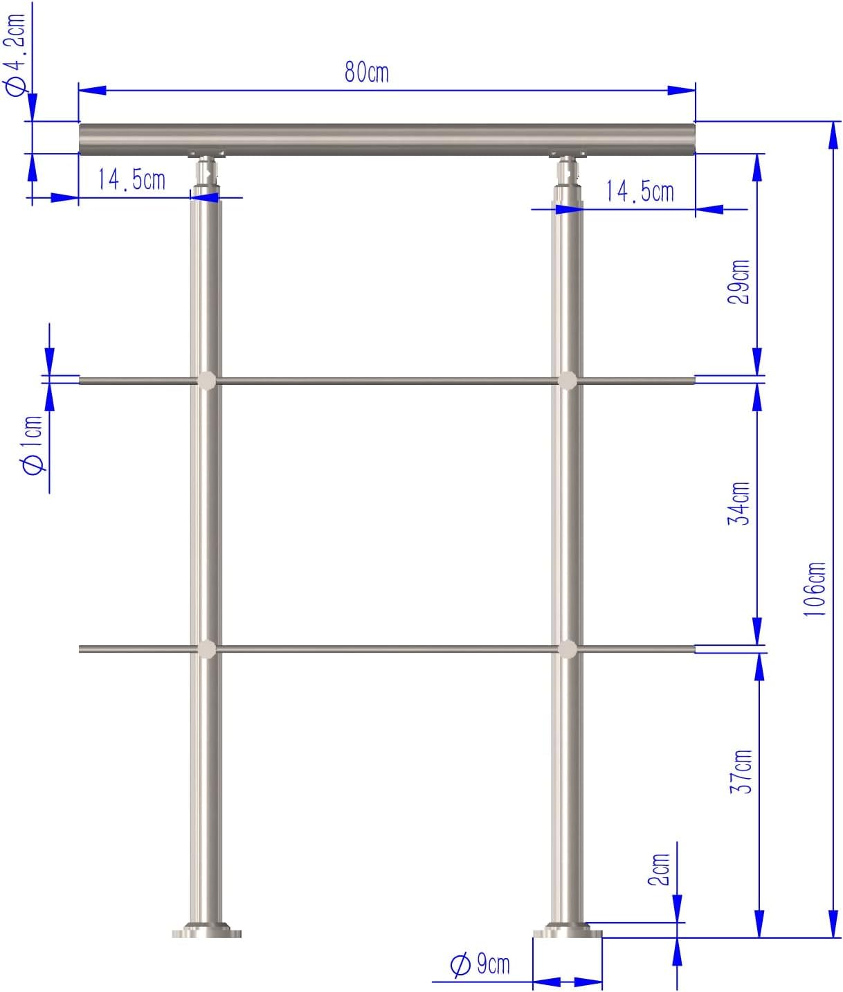 Edelstahl Handlauf Geländer für Treppen Brüstung Balkon mit 2 Querstreben - Innen und Außen Handlauf Geländer Treppengeländer Edelstahl Brüstung Balkon (80CM, 2 Querstreben)
