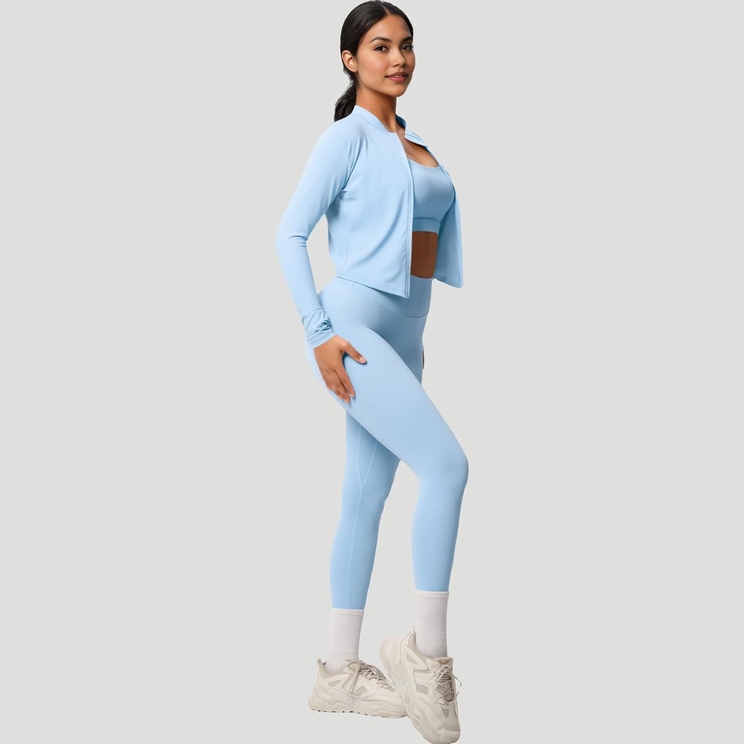 3 Piece Women’s Workout Set – Zip-Up Jacket, Sports Bra & High-Waist Leggings – Stretchy Breathable Yoga Outfit - Image 4