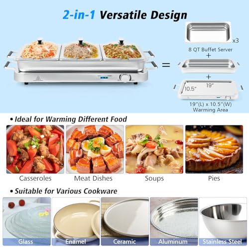 ARLIME Food Warmer Buffet Server, 450W Stainless Steel Electric Warming Tray, Adjustable Temperature, Transparent Lids w/Spoon Slot, 8 Quart Chafing Dish Set for Parties, Banquets, Catering Events