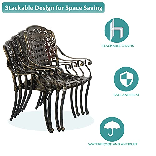 Image of MEETWARM 7-Piece Outdoor Furniture Dining Set, All Weather Cast Aluminum Patio Garden Set with 6 Chairs, 6 Cushions, 1 Rectangular Table, 2 inch Umbrella Hole, Dark Bronze, Ocean Blue