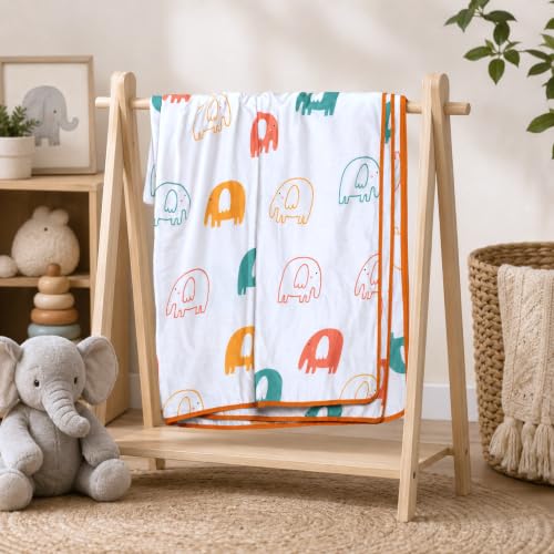Image of LORETO - A QUALITY LINEN BRAND 100% Cambric Cotton Single Dohar 58 x 88 Inches, 3-Layer Lightweight AC Blanket with Soft Cotton Flannel Filling, Summer Quilt, Reversible, Coral Green Elephants