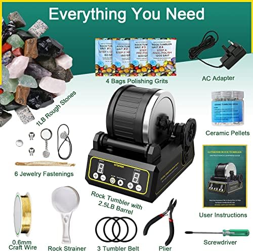 Professional Rock Tumbler Kit, Hobby Rocks Polisher for Kids and Adults, Great STEM Science Kit, Upgraded 9-Day Timer & 3-Speed Motor, Include Rough Gemstones, 4 Polishing Grits