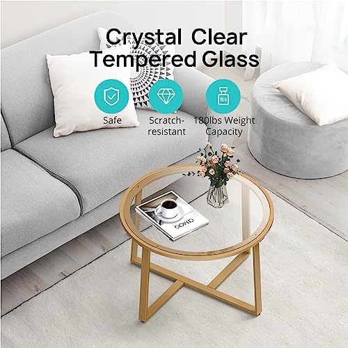 Evajoy Round Glass Coffee Table, 27.6" Gold Coffee Table With Tempered Clear Glass Surface For Living Room, Simple & Modern Center Circle Coffee Table For Small Space, Easy Assembly #TOP5