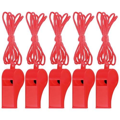 Zuazaor 5 Pcs Loud Plastic Emergency Whistle with Lanyard for Outdoor Activities Coach Trainning Whistles Party Whistles for School Sports and Kids Parties Gift Boxes Fillers (red)