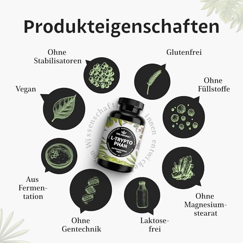 L-Tryptophan – 500mg pro Tagesdosis – hochdosiert mit 180 Kapseln für 6 Monate – aus Fermentation – vegan, in Deutschland entwickelt & laborgeprüft