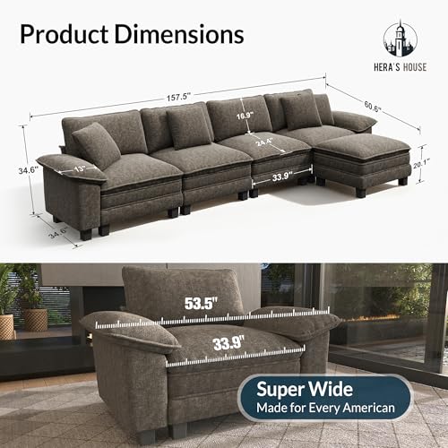 Image of HERA'S HOUSE 158 inch Oversized Modular Sectional L Shaped Sofa,Chenille Ash | 5-Seater Living Room Couches, Wider Armrest and Deep Seat, Comfy Cloud Couch with Ottoman, Light Gray