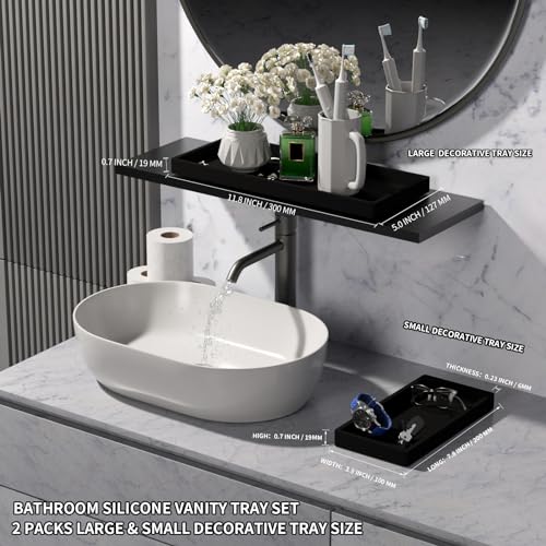 Image of BBK Bathroom Vanity Tray- 2 Pack (7.8 inch and 11.8 inch) Silicone Bathroom Tray for Counter, for Perfume Key Trinket Ring Soap Organization - Black