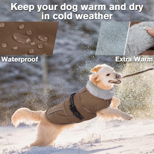 Image of Lelepet Dog Coats for Medium Dogs Waterproof Dog Jacket with Adjustable Fit | Reflective Winter Coat Pet Fleece Vest Windproof Cold Weather Coats with Adjustable Buckle & Leash Hole, Brown, M