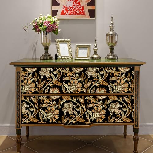 JOLIHOME Gold Retro Flowers Self Adhesive Wallpaper Peel and Stick Contact Paper Yellow and Black Waterproof Wall Sticker Vinyl Rolls for Cabinet Kitchen Decor Waterproof 44.5x500cm