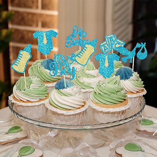 Gyufise 24Pcs Baby Shower Oh Baby Cupcake Toppers It'S A Boy Cupcake Picks Glitter Tie Onesie Baby Bottle Cake Picks Decorations For Gender Reveal Baby Shower Boys Birthday Party Supplies Blue thumb #3