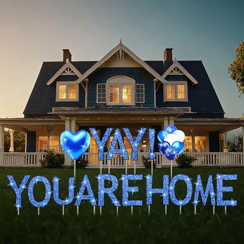 Novabright 16 Pcs Welcome Yard Sign LED Yay You Are Home Outdoor Home Decoration with Stake Welcoming Garden for Baby Shower Homecoming Return Housewarming Travel Family Reunion Military(Blue)