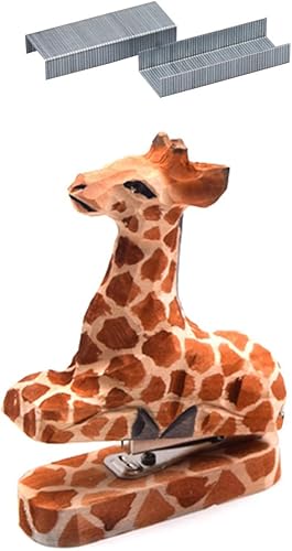 Miniatura 9 de Mini engrapadora de escritorio de animales de dibujos animados y tallada en madera vívida hecha a mano con 1000 grapas No.12 para oficina, escuela,
