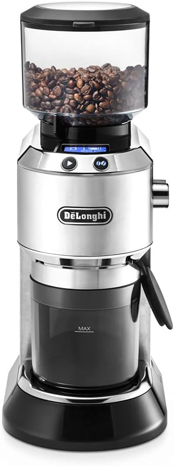Front view of the De'Longhi Dedica Grinder with the bean hopper filled with coffee beans.