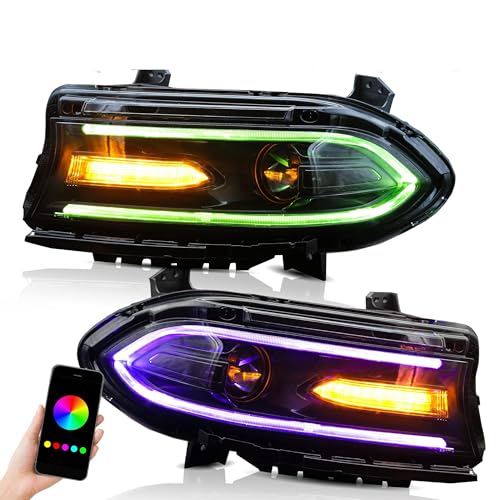 VLAND Headlights Fit for Dodge Charger 2015-2020(Not for Xenon /2021 Charger) W/Dual Beam and DRL Mutlicolor Front light with Turn Signal Plug-n-Play Headlamp