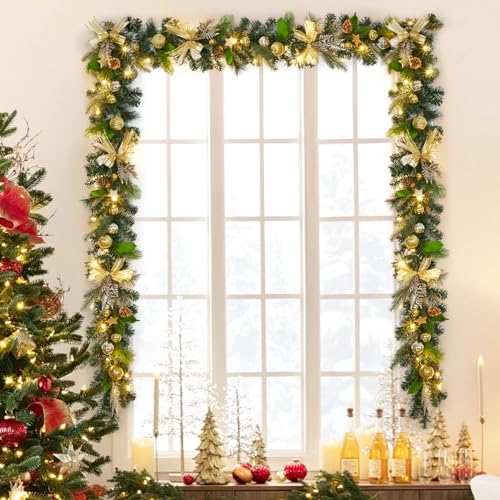 Prelit Christmas Garland, 6 Ft Battery Operated, Waterproof, Lighted for Mantle, Stairs, Table - Gold