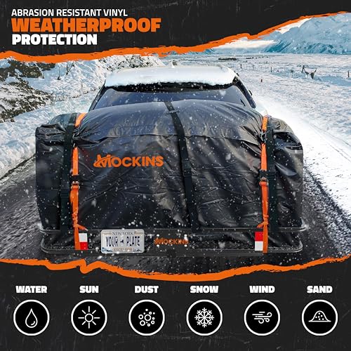 Image of Mockins 60 inchx24 inchx6 inch Heavy Duty Trailer Hitch Cargo Carrier & 25 CuFt Waterproof Cargo Bag for Hitch Carrier | 500 Lbs. Capacity Folding Luggage Rack for SUV Car Truck with Plate Bracket & Accessories