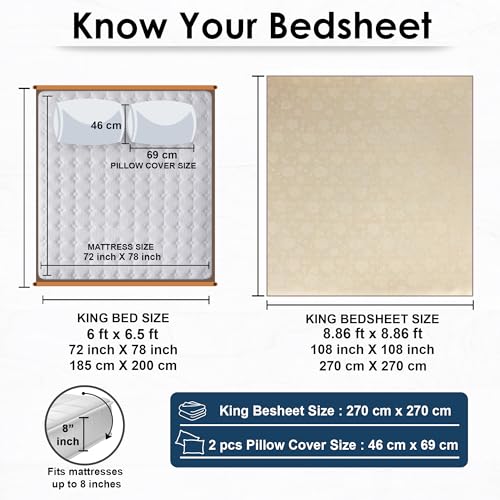 Image of Story@Home 500TC Super Soft Elegant Floral Printed Bedsheet Long Staple Egyptian Cotton Compact Yarn Super King Size (108 inch x 108 inch) 2 Pc Pillow Cover Size (18 inchx27 inch)- Sand