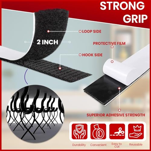 Black Heavy Duty Adhesive Hook and Loop Tape Roll - Industrial Strength, Easy to Cut, Strong Strips with Sticky Back (2 inch x 26 feet) by Caliber Star - Used condition - Image 4