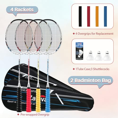 Image of Badminton Rackets Set, Professional Badminton Racquets Lightweight (4U), 4-Pack /2-Pack Carbon Fiber, 3 Feather Shuttlecocks, with Protect Case & Overgrip, for Beginners, Advanced Players