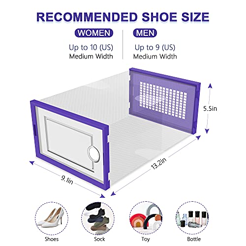 Image of Kuject Large Shoe Organizers Storage Boxes for Closet, 12 Pack Clear Plastic Stackable Storage Bins with Lids, Under Bed Shoe Containers for Entryway, Drop Front, Fit up to Women's Size 10,Purple