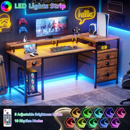 Image of Furologee 60 inch Computer Desk with File Cabinet and Storage Shelves, Reversible Home Office Desk with LED Lights, Full Monitor Stand, Power Outlets, Study Gaming Table with 4 Drawers, Rustic Brown