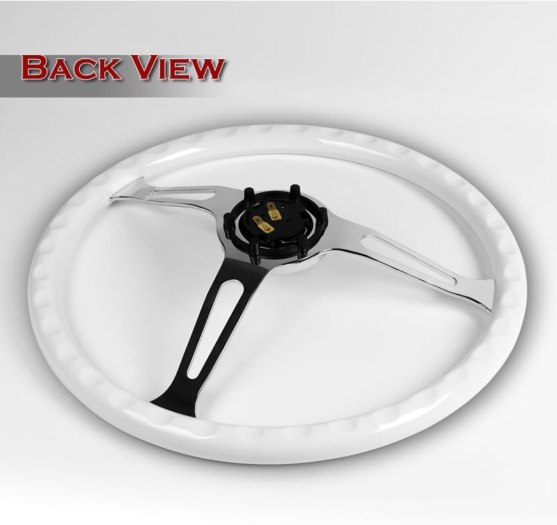 15" White Wood With Black Line W-Power 380MM 6-Hole Chrome 3-Spoke Steering Wheel