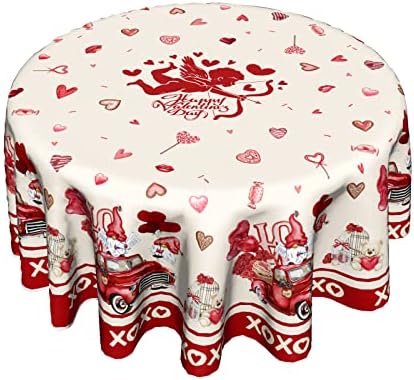 Valentines Round Tablecloth 60 Inches, Happy Valentine's Day Red Truck Table Cloth,Valentine Gnomes Love Hearts Cupid Table Cover for Wedding Anniversary, Proposals, Kitchen, Dining, Party Decor