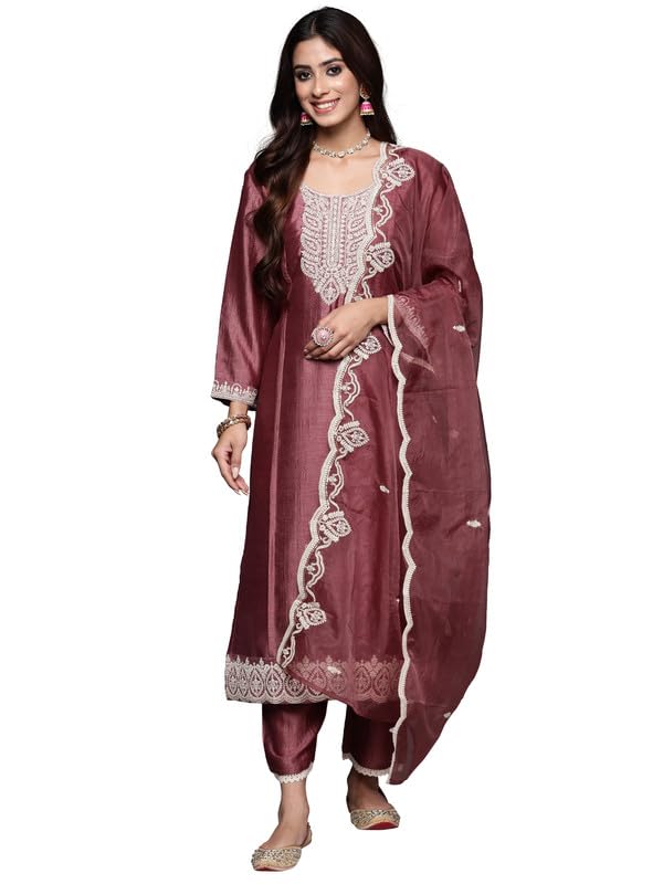 Indo Era Women's Embroidered Straight Silk Blend Kurta Pant with Dupatta in neutral