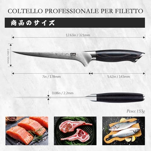 SHAN ZU Coltello per Sfilettare Pesce in Acciaio a Polvere, Professionale Coltello da Cucina Giapponese per Disossare 18 cm ad Alto Tenore di Carbonio Coltelli Pesce con Maniglia Full Tang Pakkawood - immagine 3