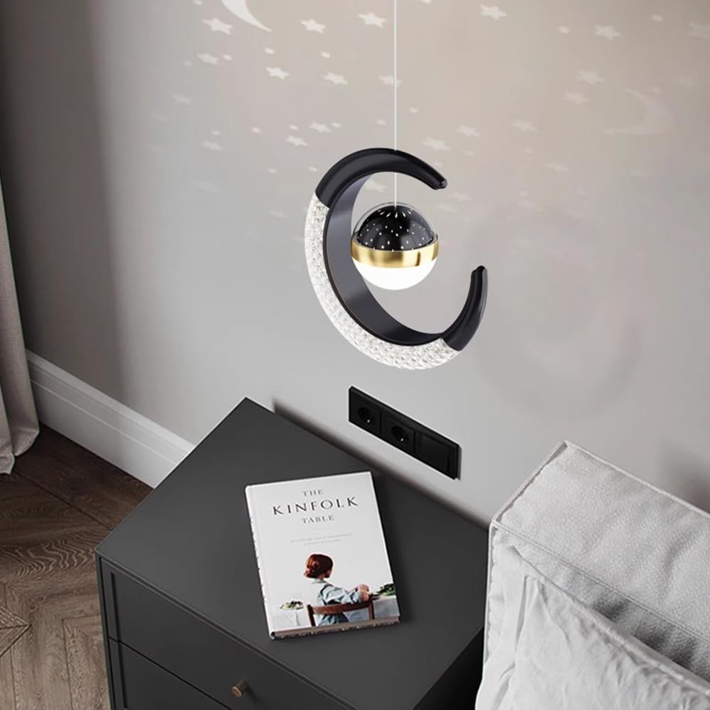 10W LED Lámpara Colgante Lampara Infantil, Lamparas de Araña Luna de Diseño Creativo Forma de Estrella, Dormitorio Lamparas de Techo Habitacion Los Niño Luz Colgante (Negro (Blanco cálido 3000K))