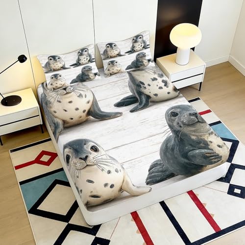 Drap housse phoque 3D microfibre bois blanc et protège-matelas 90x200cm