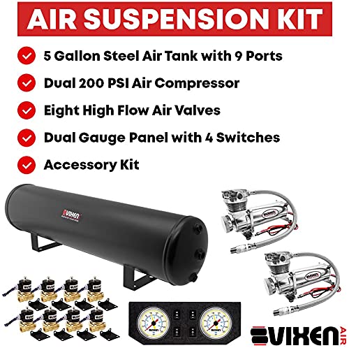 Vixen Air Suspension Kit For Truck/Car Bag/Air Ride/Spring. On Board System- Dual 200Psi Compressor, 5 Gallon Tank. For Boat Lift,Towing,Lowering,Load Leveling,Onboard Train Horn Vxx1208Gw/4852Dc #TOP4