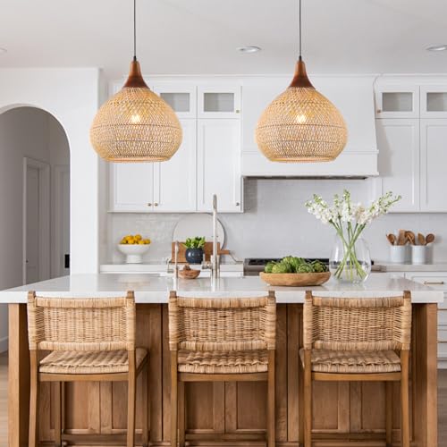 Karjearl Rattan Pendant Light, 15.7" Rattan Chandelier Hand-Woven Boho Pendant Light Fixtures with Solid Wood, Basket Wicker Chandelier for Dining Room Kitchen Island Living Room