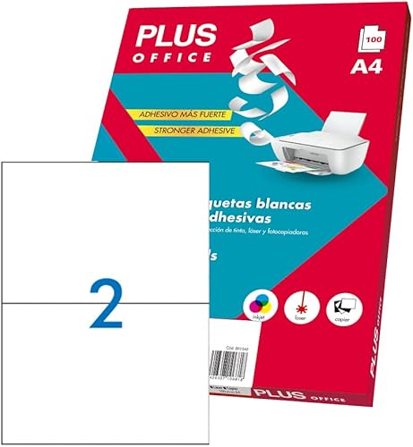 Plus Office - Etiquetas autoadhesivas blancas para impresión, 100 hojas de papel adhesivo en hojas A4 para impresoras de inyección de tinta, láser y