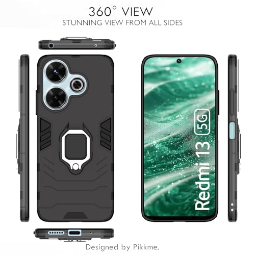 Image of Pikkme D5 Tough Armor Back Cover | 360 Protection Case | Ring Holder Stand Bumper Case for Redmi 13 5G / Poco M6 Plus 5G (Black)