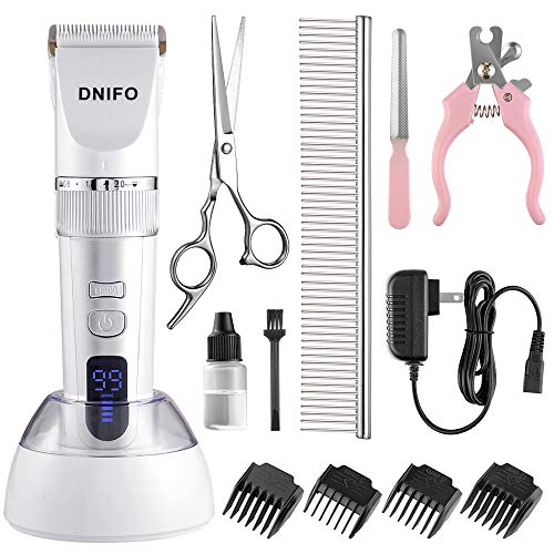 Dnifo Dog Hair Clippers, Professional Pet Hair Grooming Clippers, Low Noise Electric Rechargeable Dog Clippers Kit, Pet Hair Trimmer with Comb Guides and Nail Kits for Cat or Dog (White)