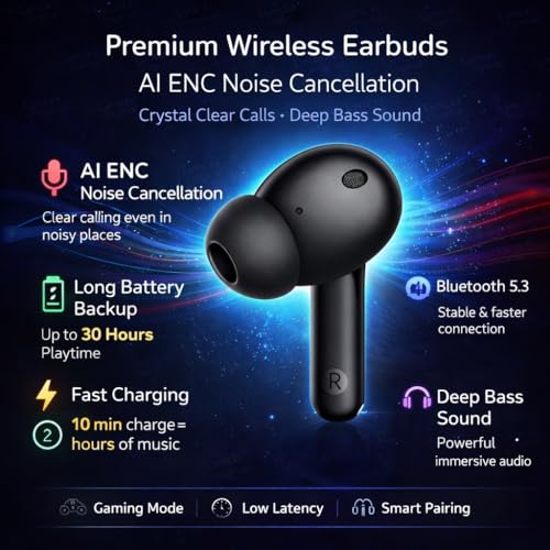 Image of Buds T110 Compatible for Realme Wireless Earbuds, AI ENC Noise Cancellation, 10mm Dynamic Bass Driver, 38H Battery Life, Bluetooth 5.4, IPX5 Water Resistance (Black)
