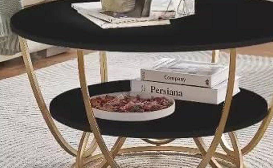 Image of Round Storage Coffee Table Contemporary Coffee Table for Living Room Wood Top with Metal Frame (Black Gold)