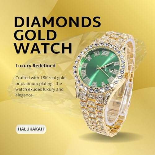 Image of Halukakah Diamonds Gold Watch Iced Out for Boy Teens Kids - 18K Real Gold /Platinum Plated,42mm Blue /Green /Red Dial,Japanese Quartz - 8 inch Length - Optional with Cuban Link Chain,with Watch Adjuster Tool