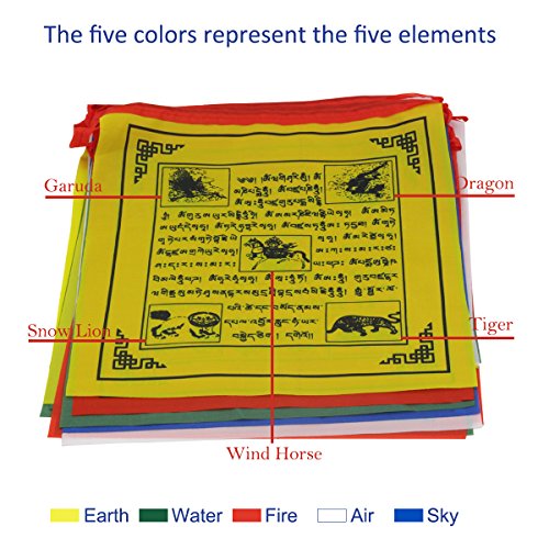 Anley Tibet Buddhist Prayer Flag – Traditional Five Elements - Horizontal Wind Horse Design (10” X 10”) - 25 Flags & 23 Feet #TOP1